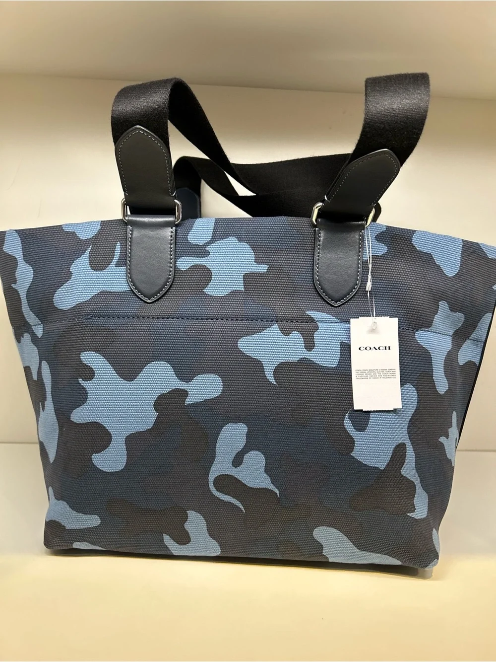 Coach Blue Camo Canvas tour Tote with Black Leather Handles